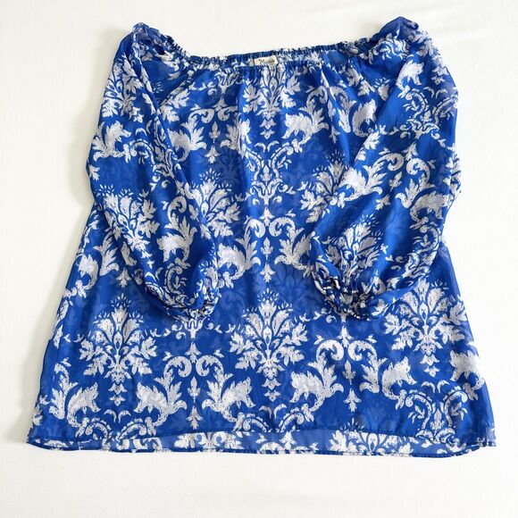 Show Me Your Mumu Blue White Peasant Blouse Small Sheer Boho Floral Top - Picture 7 of 8